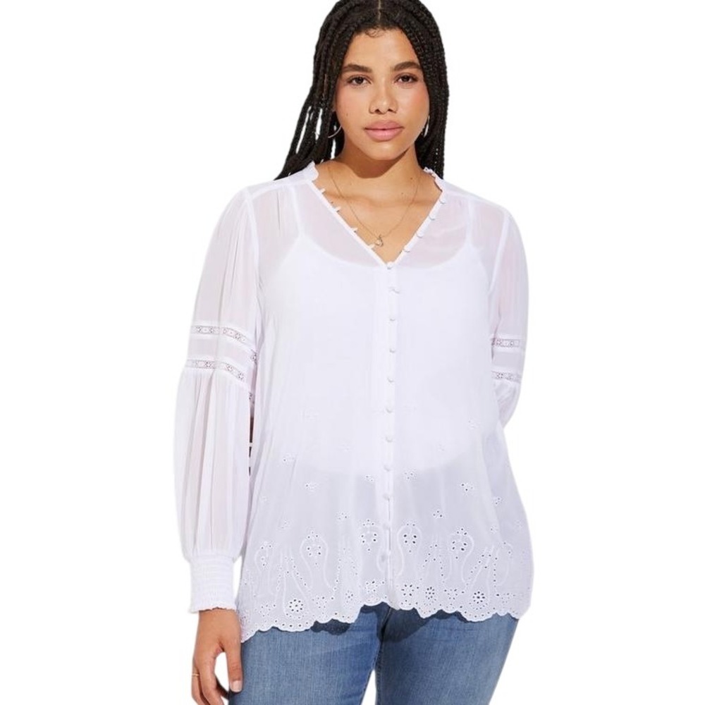 Torrid Plus Size 1X Top Chiffon Ruffle White Eyelet‎ Embroidered Bishop 1289
